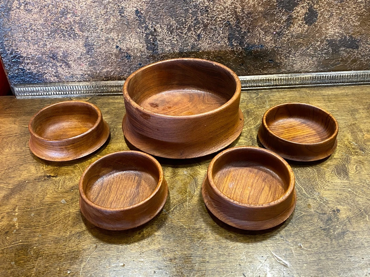 Vintage Mid Century TEAK Wooden Salad Bowl Set Serving 4 small