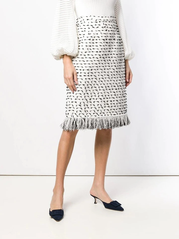 $1190 NEW Oscar de la Renta Finge Ribbon Tweed Pencil Skirt White Black 8