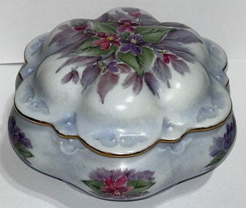 Vintage Hand Painted Pink & Purple Floral Trinket Dish With Lid 3” T By 5.5” W - Picture 1 of 24