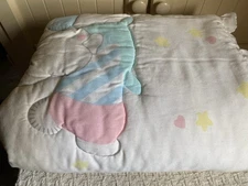 VTG Cuddle Time Bunny Rabbit Hearts Comforter White Pastels Ruffled 42X30