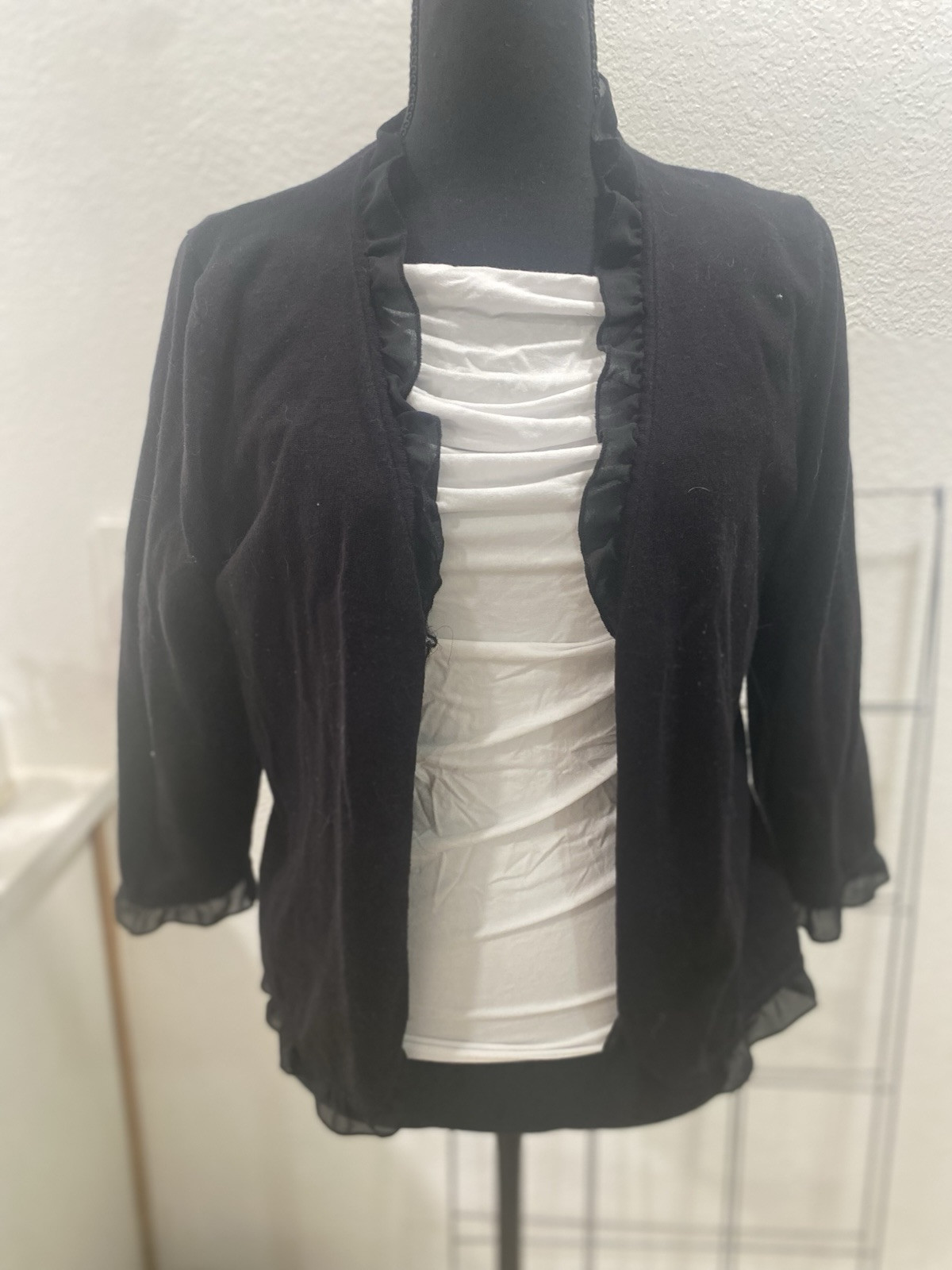 Cardigan Women’s Black With Ruffle Trim Size L 3/4 Sleeves Shirt Sold Separately-image