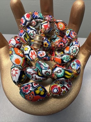 Vtg Murano Millefiori Ercole Moretti Graduated Oval Art Glass Bead 28  Necklace
