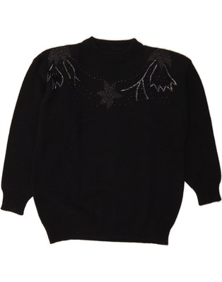 VINTAGE Damen Pullover Pulli Rundhals UK 16 Large schwarz Blumenmuster SL03
