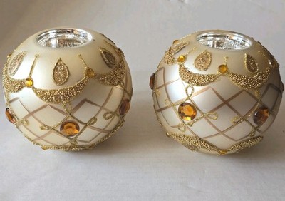 Sorelle Set 2 CHRISTMAS Glass Ornament Gold Tea Light Candle Holder Votive 3.5''