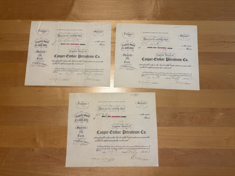 Casper-Embar Petroleum Co.  Stock Certificates - 3 Each of 100 Shares from 1917