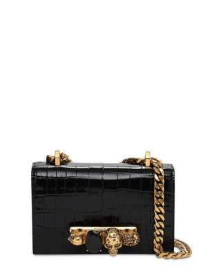 McQueen - Mini Jeweled croc embossed shoulder bag - Black