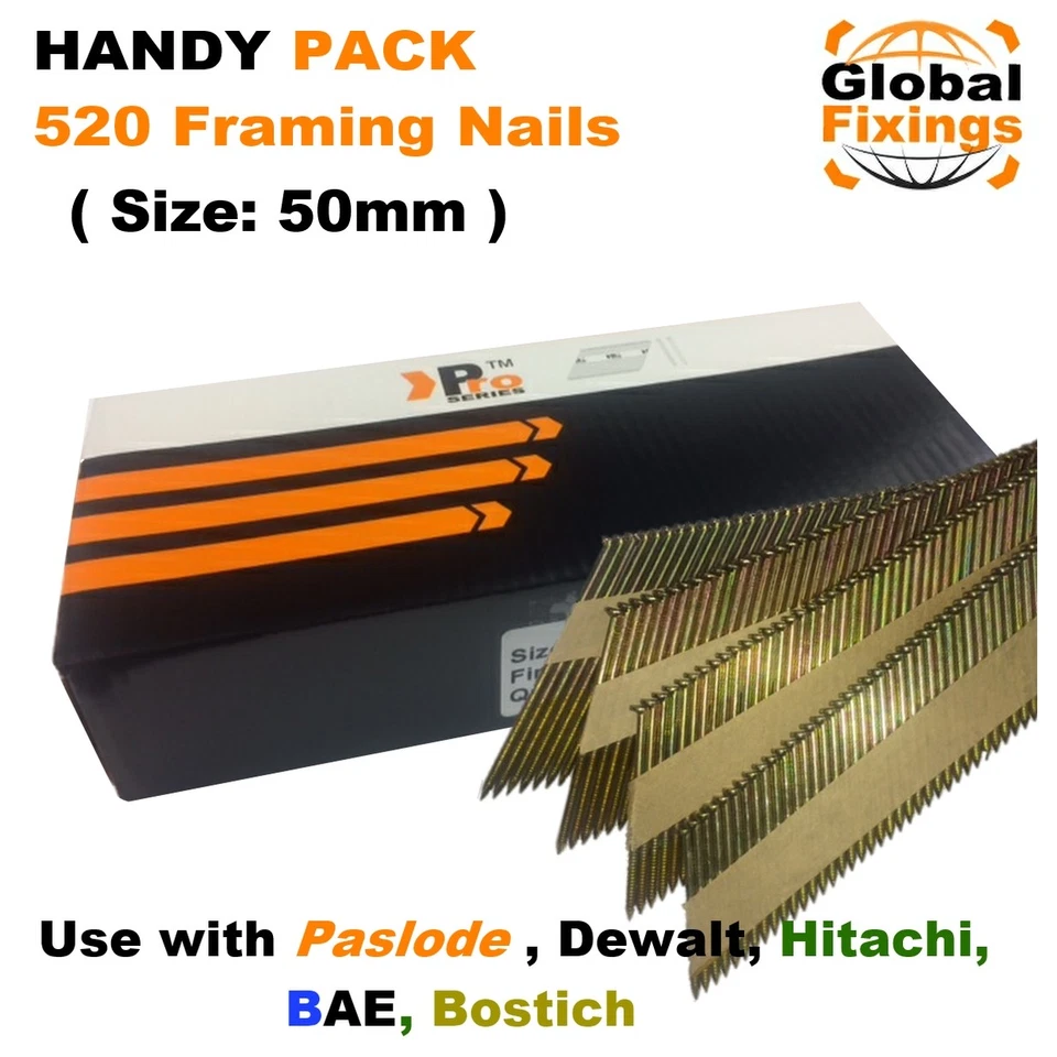 Handy Pack 520 x 50mm Galvanised Ring Framing Nails for DEWALT, Paslode,Hitachi