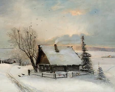 Antique Snowy Landscape with Cabin Painting Giclee Print on Fine Art Paper