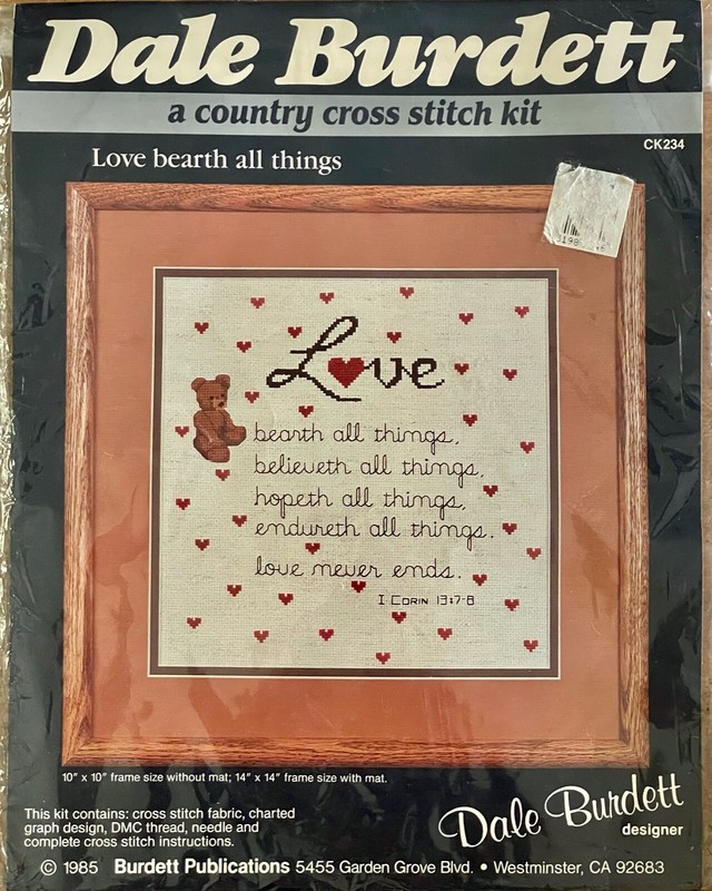 VINTAGE DALE BURDETT "LOVE BEARTH ALL THINGS" COUNTRY CROSS STITCH KIT #CK234