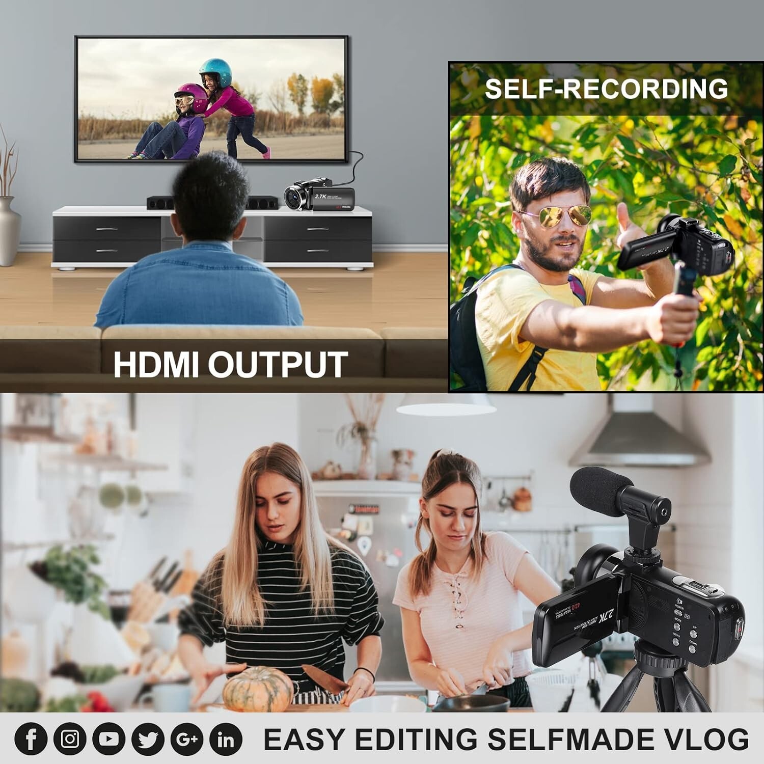 Video Camera Camcorder 2.7K 42MP 18X 3'' Flip Screen for Vlogging Remote Control