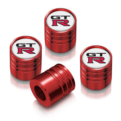 for Nissan GT-R in White on Red Aluminum Cylinder-Style Tire Valve Stem Caps