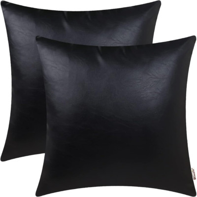 BRAWARM Pack of 2 Black Leather Throw Pillows 20 X 20 Inches Black Leather Pill