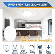 LED Flush Mount Ceiling Light Fixture, 12inch 24W 2880lm CCT 3000K/4000K/6500K