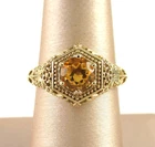.925 Sterling Silver Citrine Ring Yellow Gold Plated Vintage Filigree Milgrain