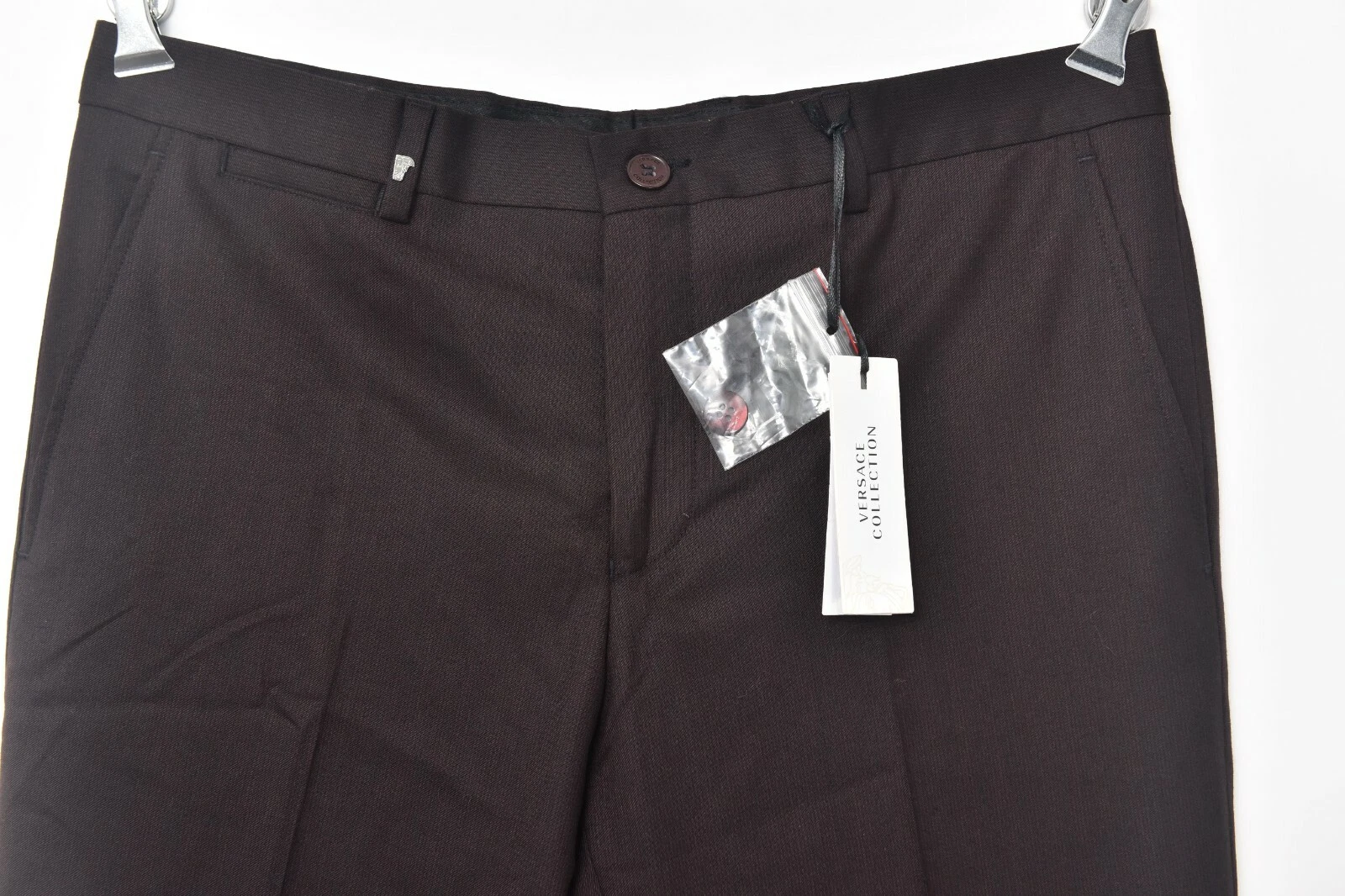 Pantaloni eleganti nuovi con etichette COLLEZIONE VERSACE Borgogna micro righe lana 34 (EU 50)