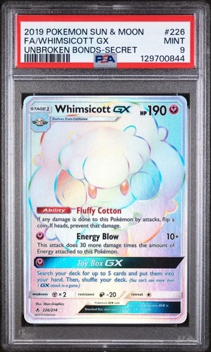 PSA 9 2019 POKEMON SM UNBROKEN BONDS 226/214 FA WHIMSICOTT GX UNBROKEN BONDS