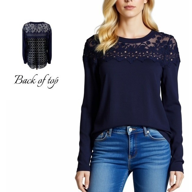 Elie Tahari Long Sleeve Navy lace top size L