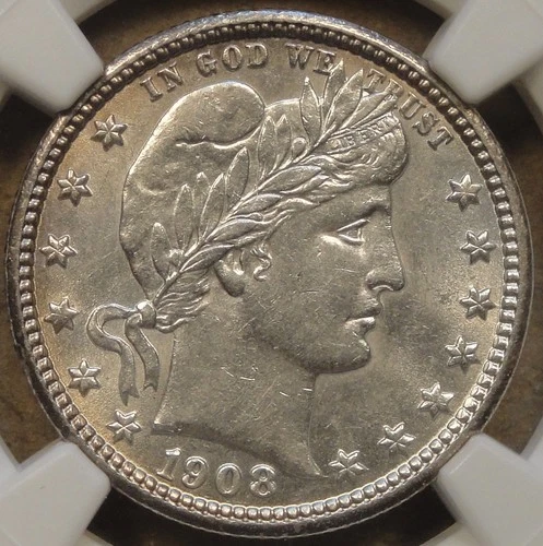 1908-D Barber Quarter 25c NGC Certified AU58 as Pictured