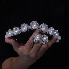 Elegant Pearls Brides Tiara Crowns with earring Crystal Wedding Hair Accessory