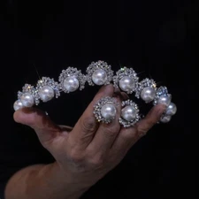 Elegant Pearls Brides Tiara Crowns with earring Crystal Wedding Hair Accessory