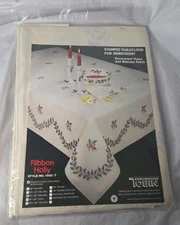 Tobin Stamped Tablecloth For Embroidery-Ribbon Holly 58x86 Oblong CHRISTMAS 