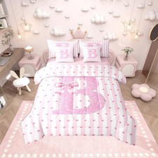 Pink Bow 7-Piece Bedding Set Queen Size Glitter Alphabet B Girls Bed in A Bag...