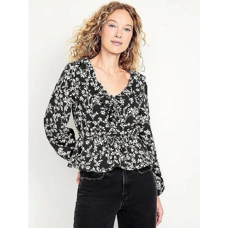 Blusa Top Antigua Azul Marino Negra Marfil Floral Cuello Atado Cuello en V Volantes Manga Larga Talla M Foto 2 de 4