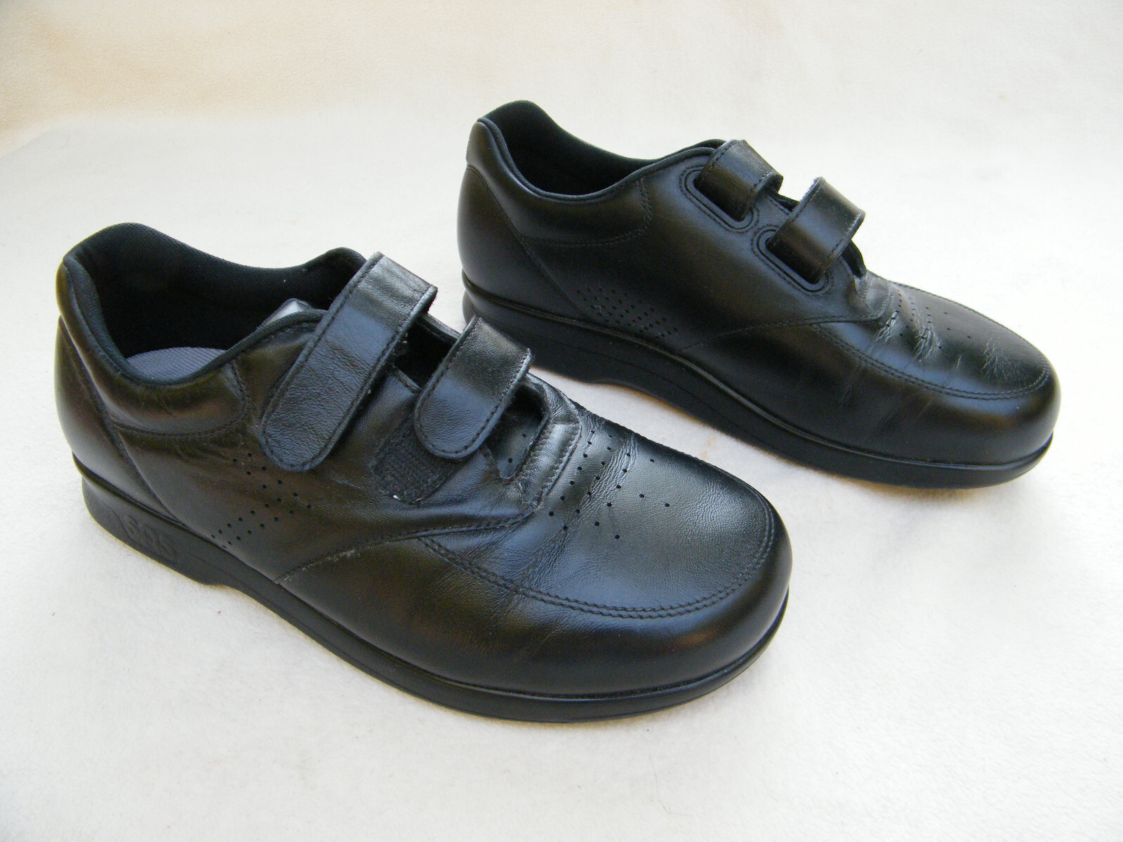 SAS Me Too Black Leather Comfort Walking Shoes Hook Loop EZ