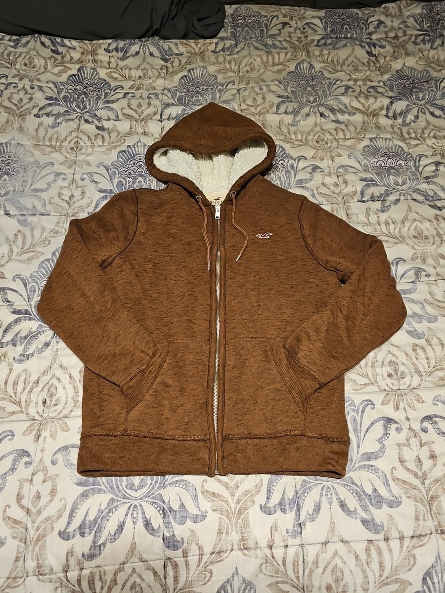 Hollister Hoodie Sweatshirt Sherpa Lined Zip Up Men's Small Brown