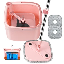 Spin Mop and Bucket Set Floor Wall Window House-cleaning Self-clean Pink +2 Pads