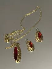 Vtg Art Deco Style Czech Red Rhinestone Navette Shape Necklace Earrings Gold Plt