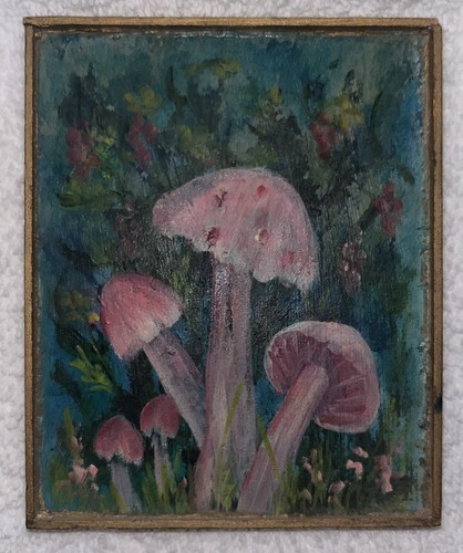 Vintage 70s Miniature Hand Painted Mushroom Wood Wall Plaque Hanging Painting