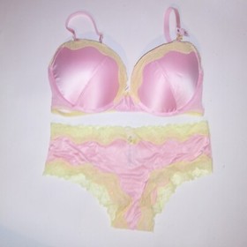 Victoria Secret Bra Set Tease Push Up Cheeky Panty Pink Yellow Lace Trim New