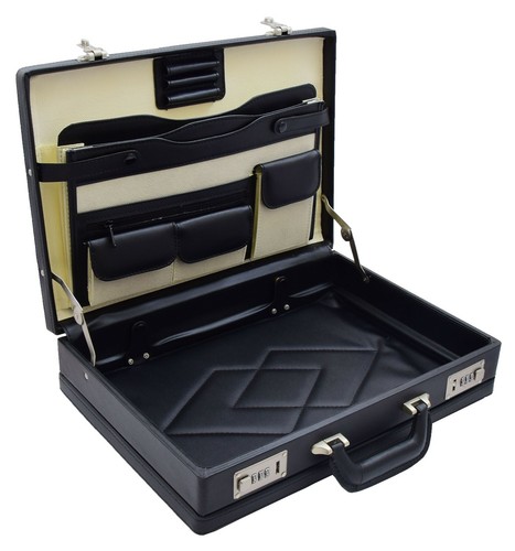 Executive Briefcase Faux Leather Attaché Case Traditional Business Bag Black - Picture 2 of 7