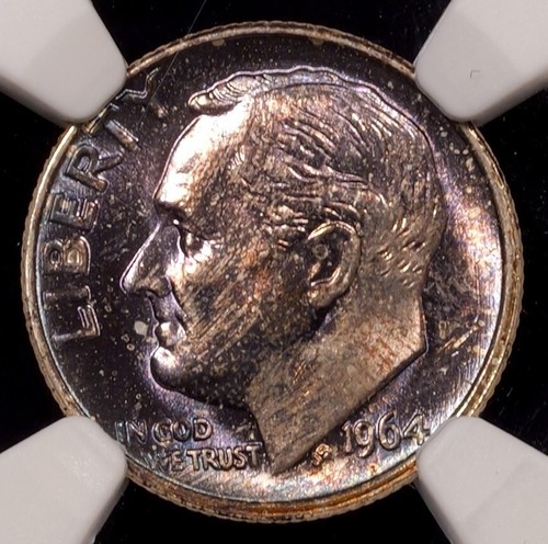 1964 Roosevelt Silver Dime - 10c - NGC GRADED MS66 FT - RAINBOW TONE MONSTER - Picture 2 of 4