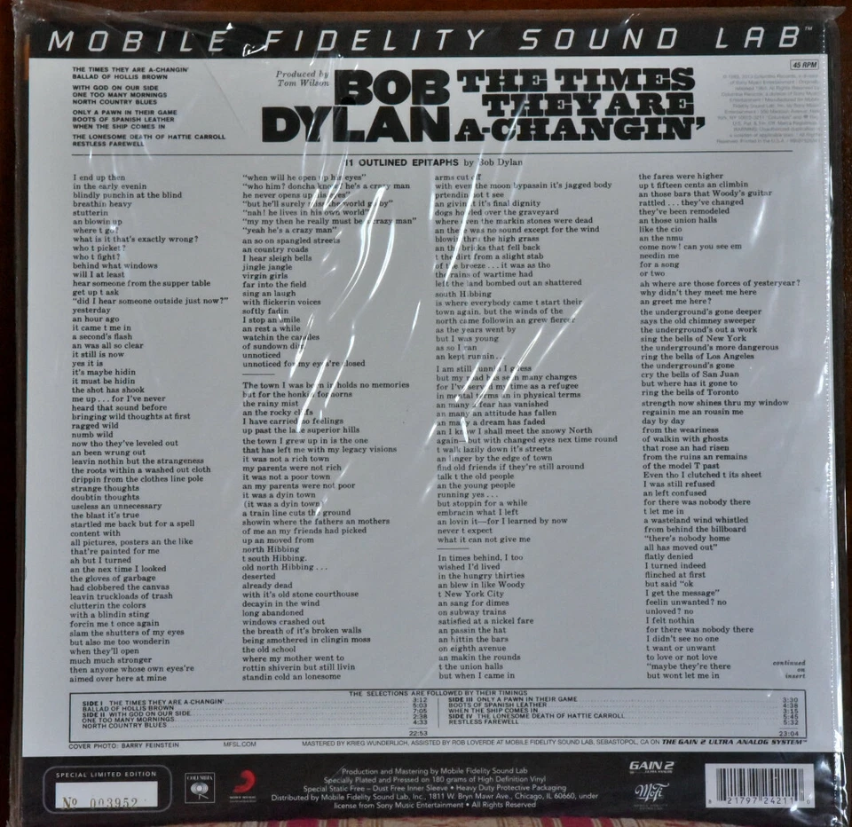 AUDIOPHILE MOBILE FIDELITY  MFSL 421 BOB DYLAN Time Changing #2LP No #3952 SS - Image 2 of 2