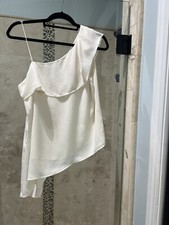 Halston Heritage H By Silky Classic One Shoulder Off-White Waterfall Tank, M