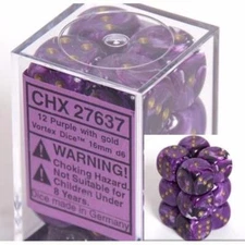 Chessex Dice d6 Set 16mm Vortex Purple w/ Gold 6 Sided Die 12 Sets CHX 27637
