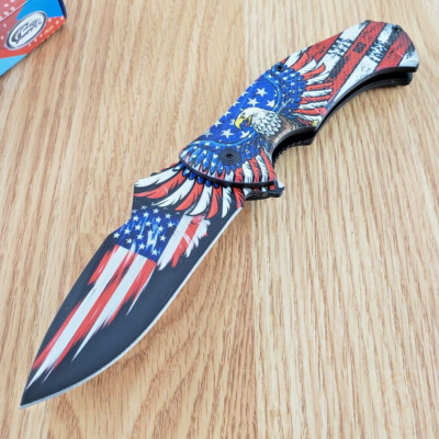 Flag Linerlock Assisted Opening Folding Knife 4'' Stainless Blade ABS Handle