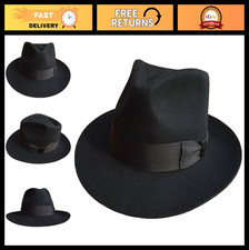 Classic Black Wool Felt Fedora Hat for Men - Gangster Mobster Style, Vintage Gen