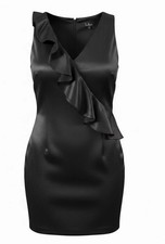 NWT Lulus Aubrianna Black Satin Ruffled V Neck Sleeveless Mini Dress Size Small