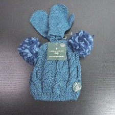 Laura Ashley Baby 12-24M Blue Knit Pom Pom Hat  Mittens Set New w/Defects