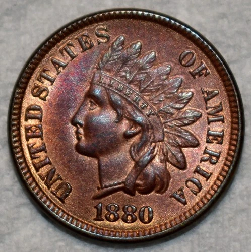 Brilliant Uncirculated 1880 Indian Head Cent, Sharp, Lustrous specimen.