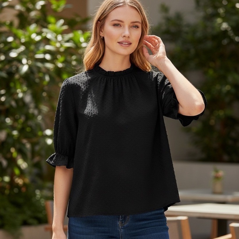 Madewell Clipdot Mock Neck Ruffle Top Black Classic Blouse Short Sleeve Size XS