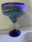 HAND BLOWN Hand Painted Margarita Glass  MEXICAN FISH COBALT BLUE Clear Stem — photo 1