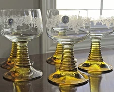 Vintage Schott Zwiesel Amber Beehive Wine Stem Clear Glass Etched Grapes Set 5