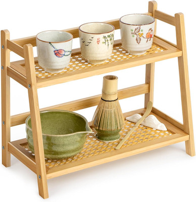Rattan-Look Matcha Station Organizer, Countertop Bamboo Tea & Coffee Accessories
