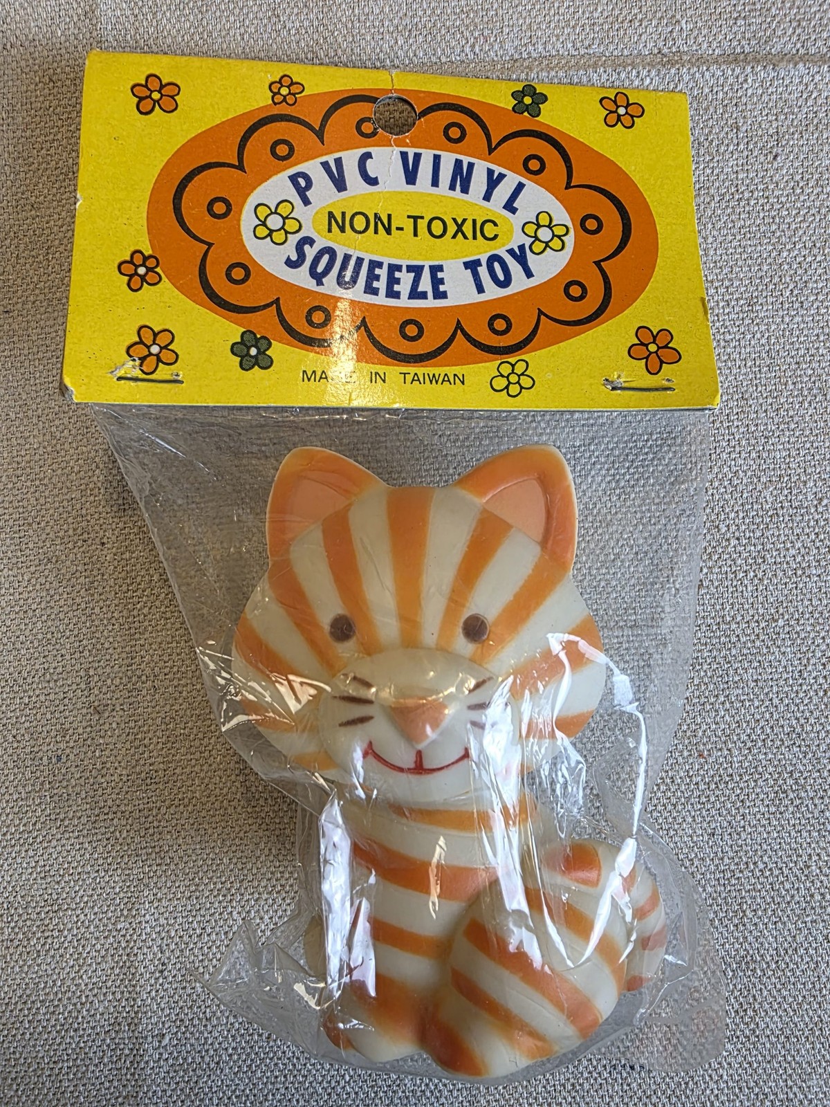 Vintage PVC Vinyl Non-Toxic Orange Stripe Cat Squeeze Toy Taiwan NEW