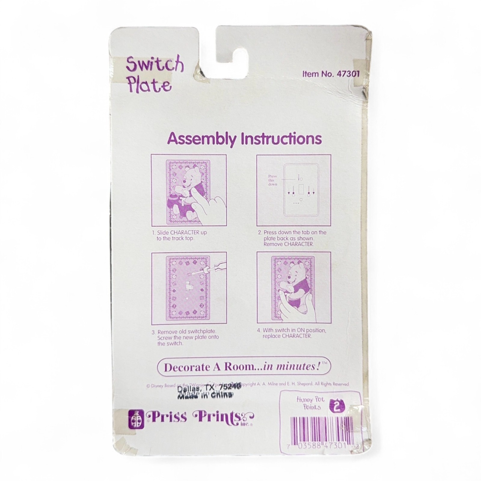 WINNIE THE POOH SWITCH PLATE ~ CHARACTER MOVES UP & DOWN FOR ON/OFF ~ VINTAGE