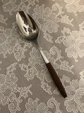 Vintage MCM Ekco Eterna Canoe Muffin Flatware WOOD HANDLE Slotted Serving Spoon